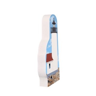 3/4" thick wooden model of a lighthouse with a blue sky on a white background