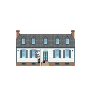3/4" thick wooden Illustration of a two-story house with a gray roof and white walls.