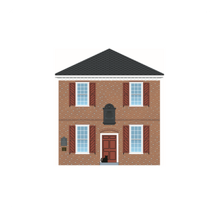 3/4" thick wooden Illustration of a two-story brick house with a black roof on a white background