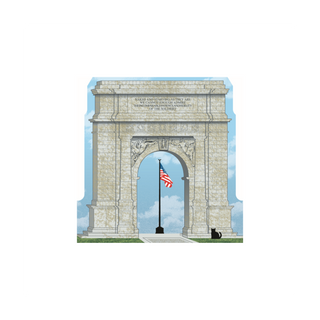 3/4" thick wooden cutout of a Stone archway with American flag and cat silhouette against a blue sky