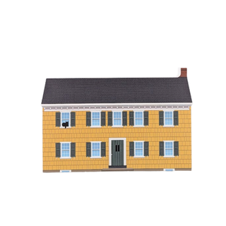 3/4" thick wooden Model of a two-story house with yellow siding and black roof on a white background