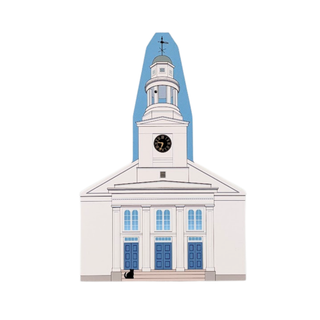 3/4" thick wooden  cutout of a church with a steeple on a white background