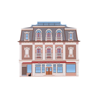 3/4" thick wooden Illustration of a two-story building with architectural details on a white background