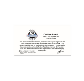 A 3/4" thick wooden replica featuring the Route 66 Centennial logo and text about Cadillac Ranch, including the address 13651 I-40 Frontage Rd, Amarillo, Texas, plus a signature and small copyright text at the bottom left.