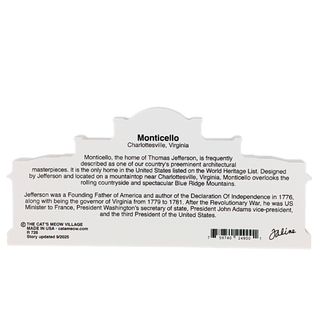 3/4" thick wooden model Monticello with text about Thomas Jefferson and the home.