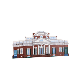 3/4" thick wooden Model of a classical building with red brick facade and white accents on a white background
