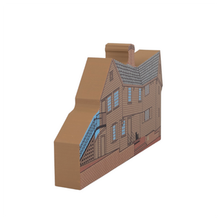 3/4" thick wooden model of a house with blue accents on a white background