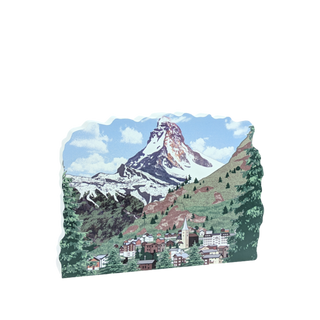 3/4" thick wooden replica with an Illustration of Mountainous landscape with a village at the foot of a snow-capped peak