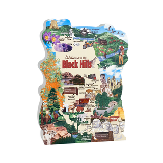 3/4" thick wooden cutout of a Map of the Black Hills region with various attractions and landmarks.