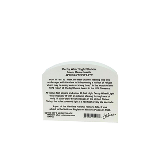 Back of a product packaging with text about Derby Wharf Light Station, Salem, Massachusetts.
