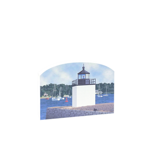 3/4" wooden replica with an illustration of a Lighthouse with boats in the water on a white background