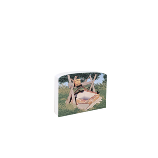 3/4" thick wooden figurine  with a scenic design of a cabin in the woods on a white background