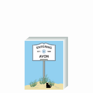Wooden 3/4" Replica with a sign designating 'Entering Avon' on a blue background