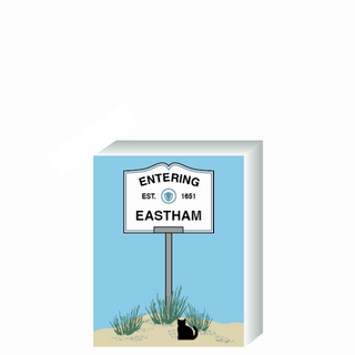Wooden 3/4" Replica with a sign designating 'Entering Eastham' on a blue background