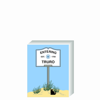 Wooden 3/4" Replica with a road sign designating 'Entering Truro, Est. 1709' on a blue background.