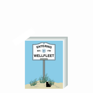Wooden 3/4" Replica with a 'Entering Wellfleet' sign on a blue background