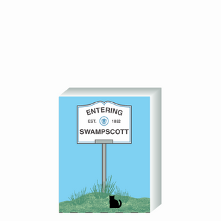 Wooden 3/4" Replica with a graphic of a sign reading 'Entering Swampscott' on a blue background