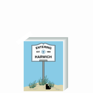 Wooden 3/4" Replica with a sign designating 'Entering Harwich' on a blue background