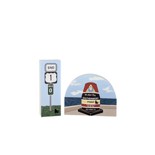 3/4" thick wooden illustration of two signs with text on a scenic background