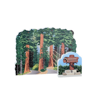 3/4" wooden replica with an illustration of a Sequoia National Park sign with redwood trees in the background
