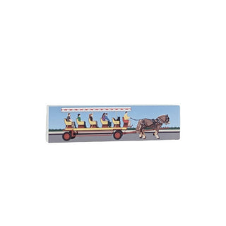 3/4" wooden replica with an illustration of a wagon being pulled by a horse on a white background 