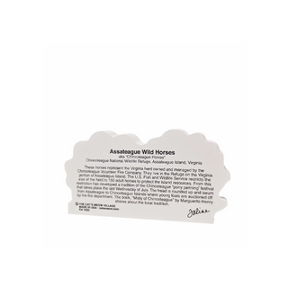 3/4" thick wooden cutout with information about Assateague Wild Horses on a white background