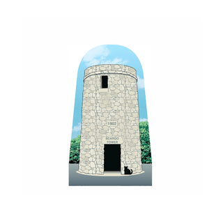 Small wooden cutout of a stone tower with '1902' and 'Sargo Tower' text, set against a scenic background.