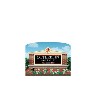 3/4" thick wooden cutout of Otterbein University sign with flowers and sky background