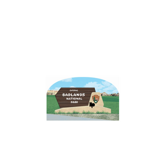 3/4" thick wooden cutout of Badlands National Park entrance sign with landscape background