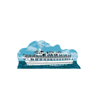 3/4" thick wooden Illustration of a ferry boat named 'Cape Cod' on water with a blue sky to set on a shelf or desk.