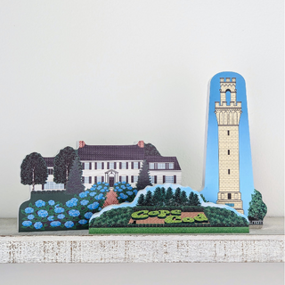 3/4" thick wooden Models of a house and  tower with 'Cape Cod' Hedge sign on a white background