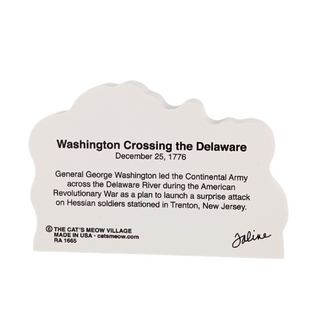 3/4" thick wooden model with text about Washington Crossing the Delaware on a white background