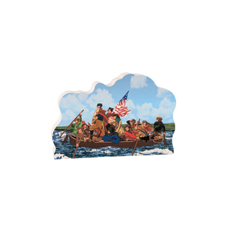 3/4" thick wooden Illustration of a historical scene with people in a boat on water, featuring an American flag.