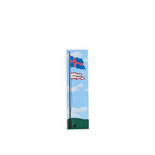 3/4" thick wooden replica with an Illustration of  a Icelandic flag on a flagpole with a scenic background