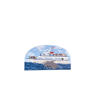 3/4" thick wooden Illustration of a whale watching boat with people on a blue ocean background
