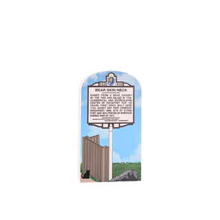 3/4" thick wooden Historical marker with text and illustration of a bear skin neck, set against a white background.