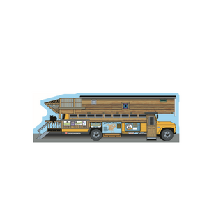 3/4" thick wooden Illustration of a converted school bus with wooden living quarters on a white background