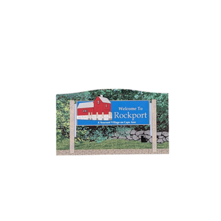 3/4" thick wooden Welcome to Rockport sign with a red building illustration on a white background