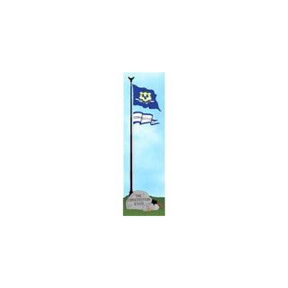 3/4" thick wooden model of Flag of Connecticut on a pole with a stone marker reading 'The Constitution State' against a blue sky.