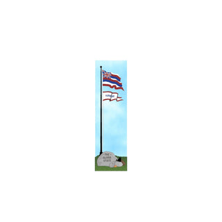 3/4" thick wooden Hawaiian flag on a pole with 'Hawaii' text and a rock with 'The Aloha State' on a blue sky background