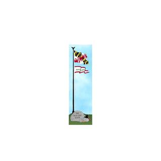 3/4" wooden replica with an illustration  Maryland state flag on a pole with a blue sky background