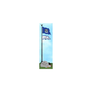 3/4" think wooden replica with an illustration of the Flag of Michigan on a flagpole with a blue sky background