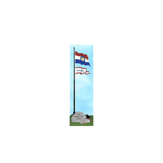 3/4" thick wooden Missouri state flag on a flagpole with a cat and dog sitting below against a blue sky.