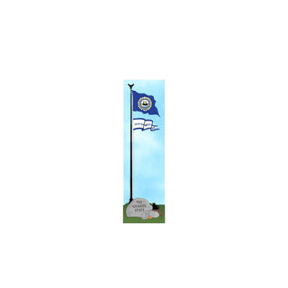 3/4" thick wooden New Hampshire state flag on a pole with a granite state stone and bear graphic at the base.