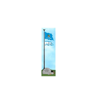 3/4" thick wooden cutout Oklahoma state flag on a pole  against a light blue background.