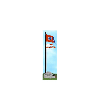 3/4" thick wooden cutout  of a flagpole with the Tennessee state flag and a sign reading 'The Volunteer State' against a blue sky.