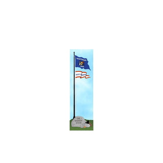 3/4" thick wooden cutout of the Flag of Wisconsin with a bear and rock illustration on a blue background