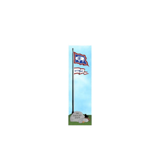 3/4" thick wooden cutout of Flag of Wyoming with a blue and red design on a flagpole, accompanied by a stone with 'The Equality State' text.