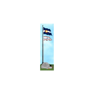 3/4" thick wooden illustration of a Colorado flag on a pole with a stone marker below.