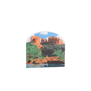 3/4" thick wooden  with a scenic view of red rock formations and green trees on a white background
